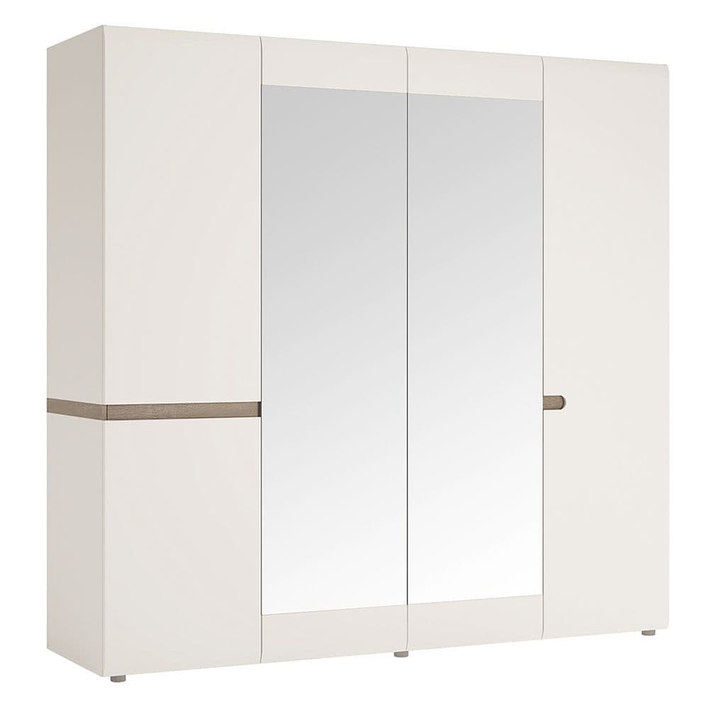 Brompton 4 Door Robe with mirrors and Internal shelving in White with oak trim